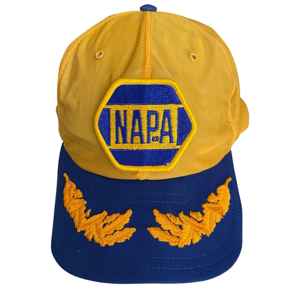 Vintage NAPA Auto Parts Hat Patch Logo Snapback Scrambled Egg Brim Yellow Blue